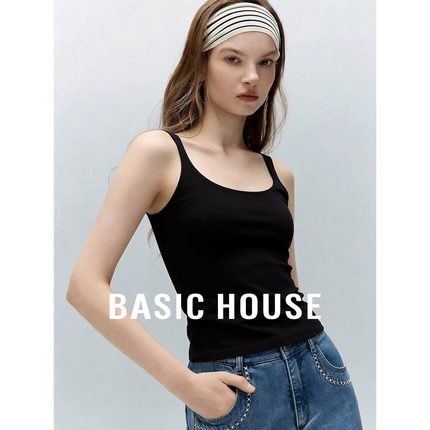 Basic House/百家好黑色修身带胸垫吊带女春夏可内搭外穿百搭背心