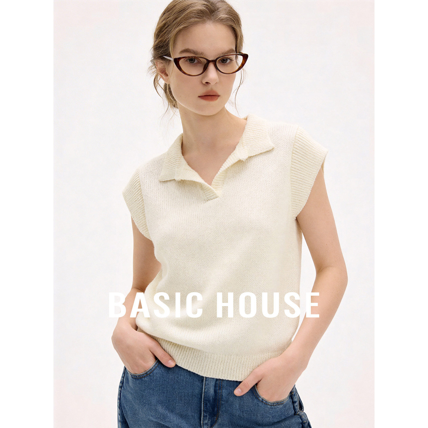 Basic House/百家好纯色翻领无袖针织衫女夏季高级感短款宽松上衣
