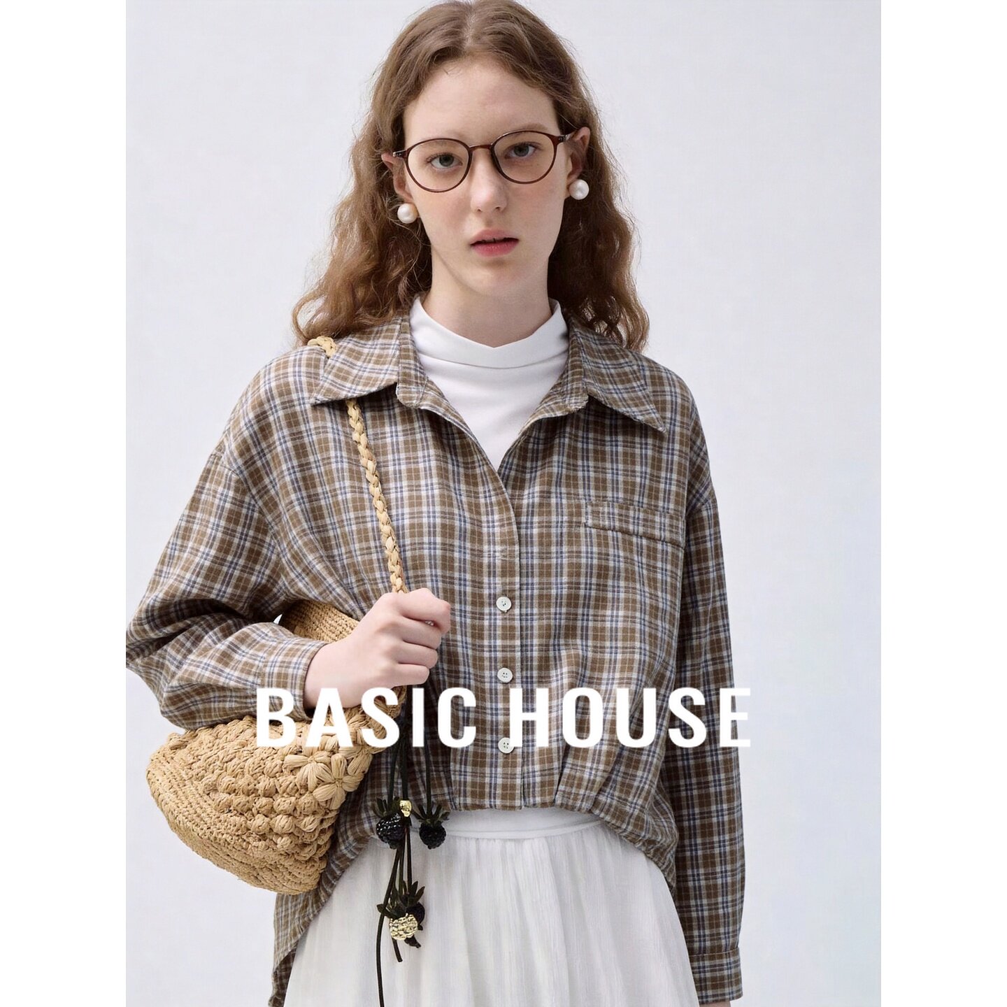 Basic House/百家好2026秋季含棉格纹翻领假两件宽松长袖新款衬衫