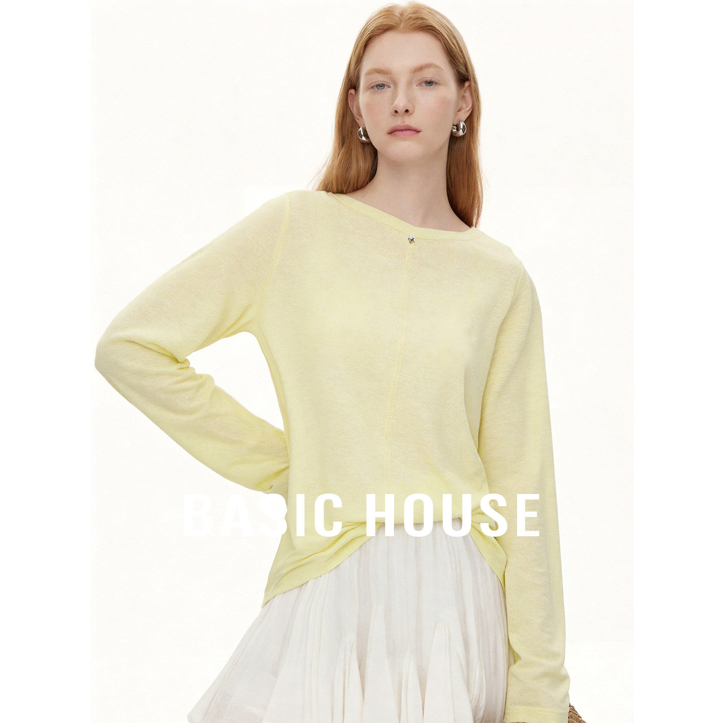 Basic House/百家好圆领长袖薄款针织衫2026苎麻纯色套头打底上衣