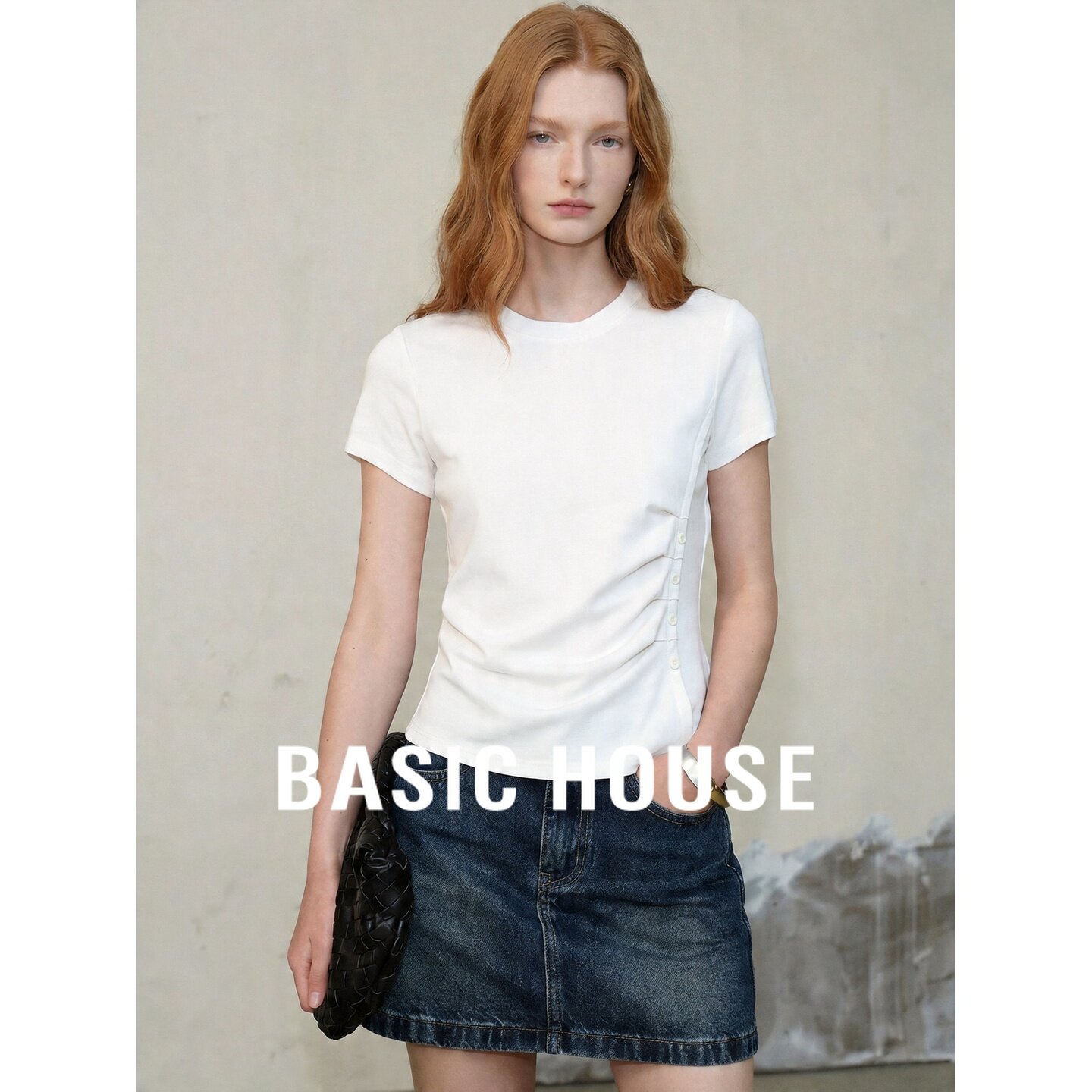 Basic House/百家好法式荷叶边白色短袖T恤女2026夏季设计感上衣