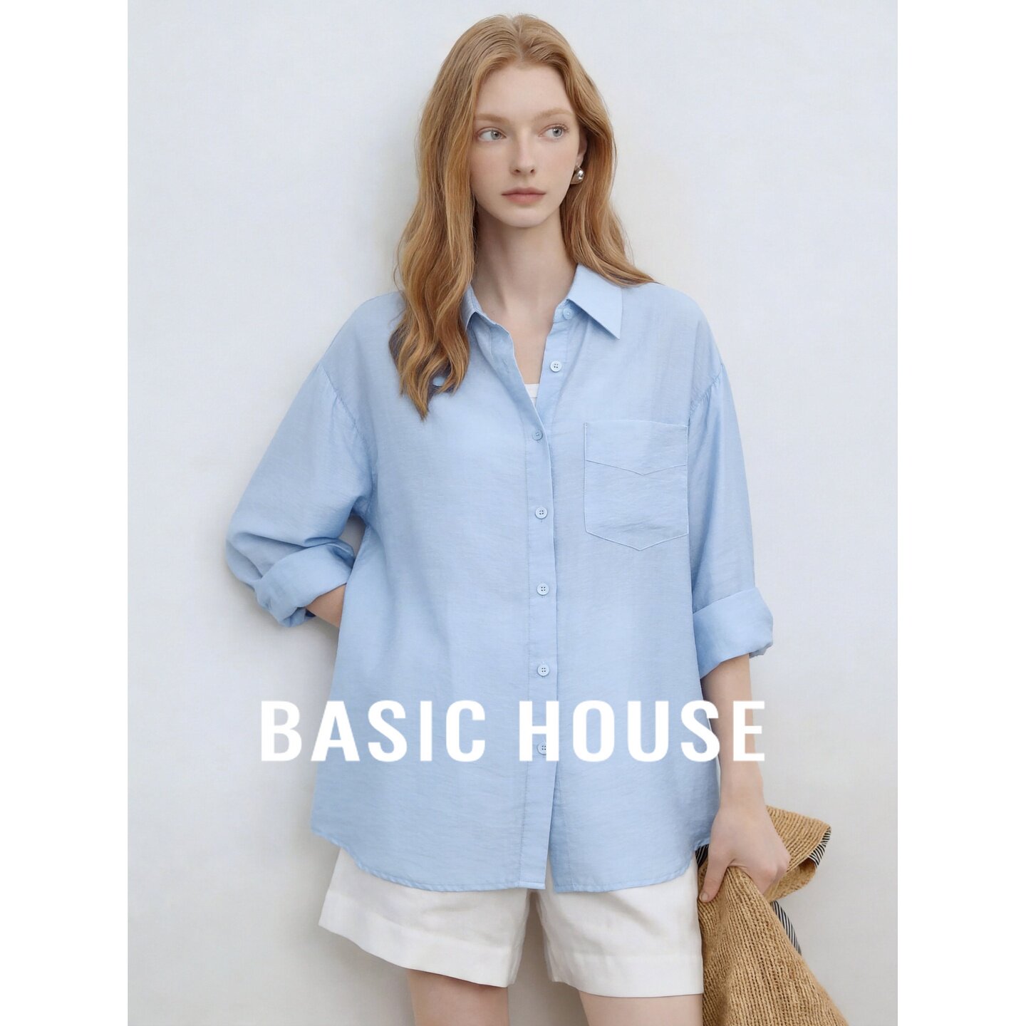Basic House/百家好老钱风亚麻衬衫女长袖蓝色松弛慵懒风上衣