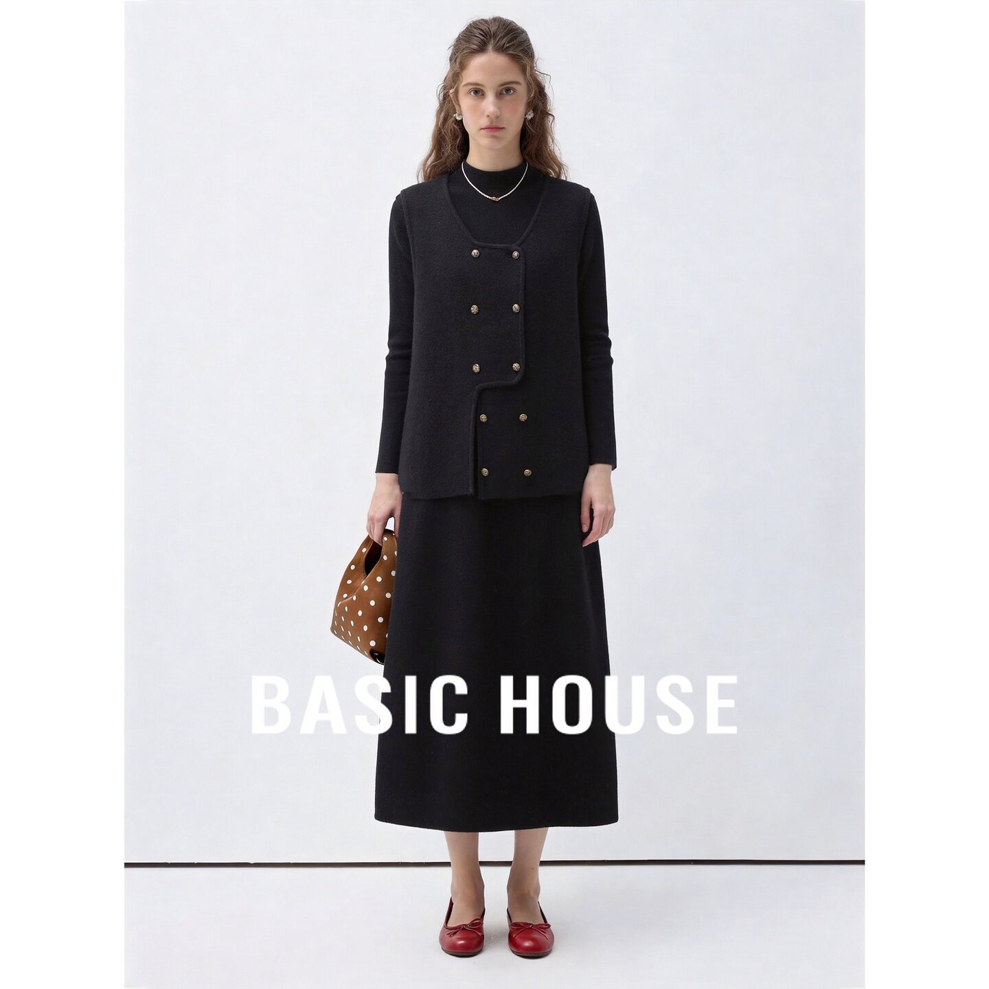 Basic House/百家好小香风双排扣马甲假两件女秋冬高级感显瘦针织