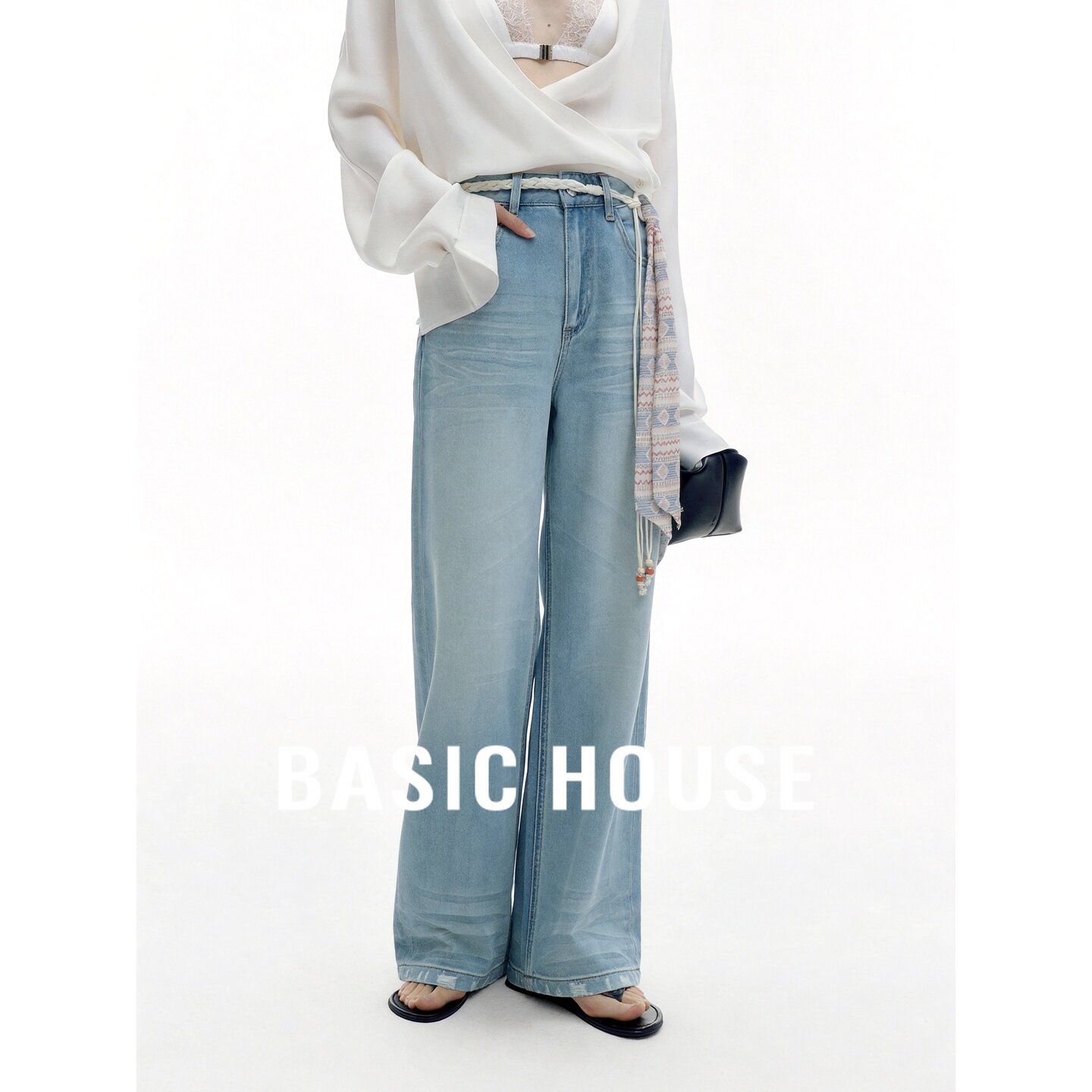 Basic House/百家好莱赛尔浅蓝做旧阔腿牛仔裤编织腰带女秋季新款