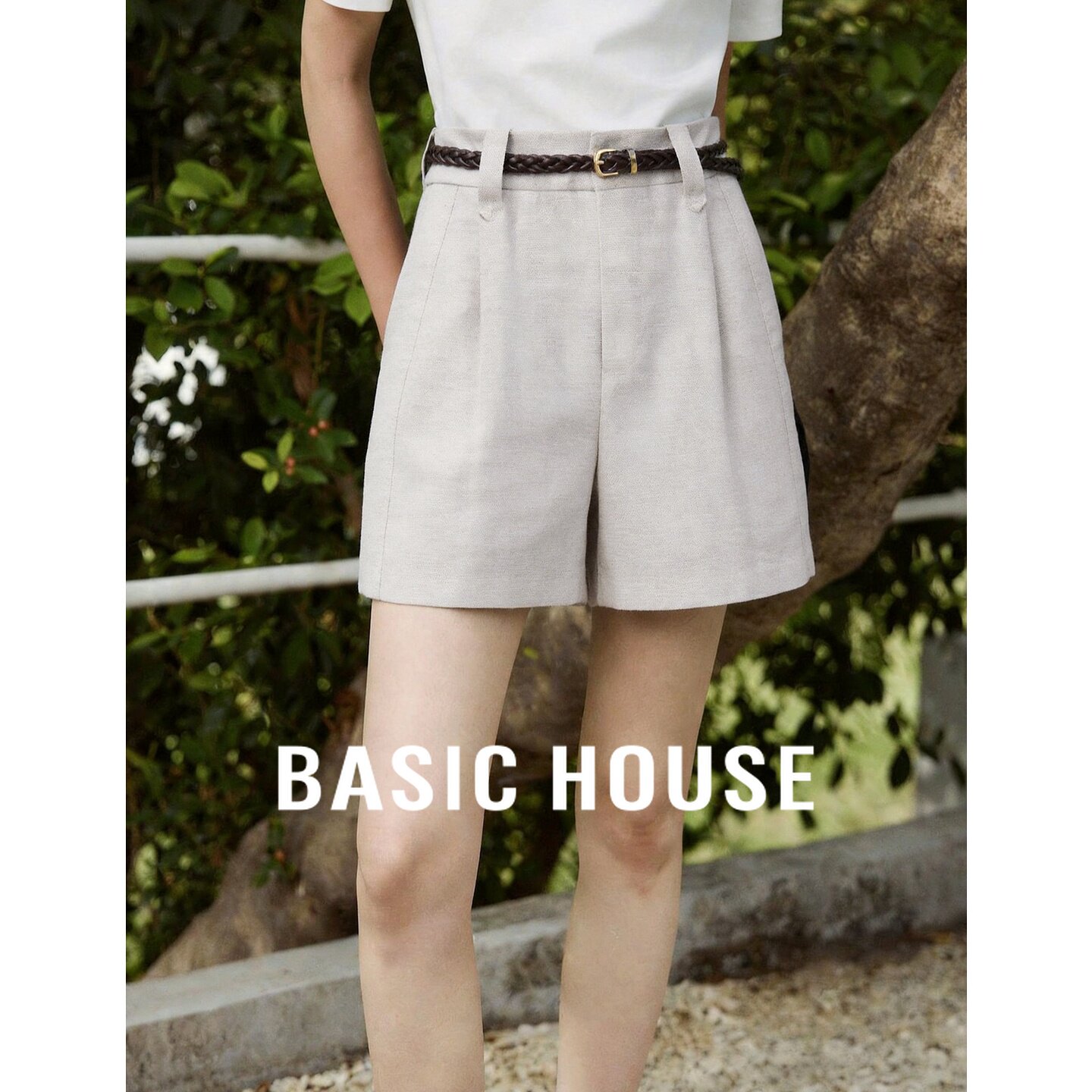 Basic House/百家好高腰莱赛尔亚麻短裤女夏原麻色舒适百搭休闲裤