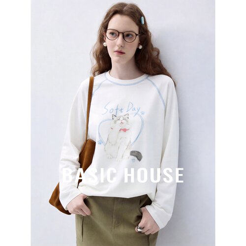 Basic House/百家好莱赛尔长袖T恤女圆领宽松印花秋款韩版白色