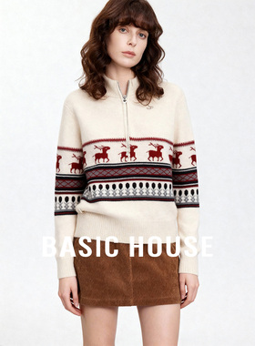 Basic House/百家好红色翻领半拉链费尔岛毛衣女保暖加厚套头上衣