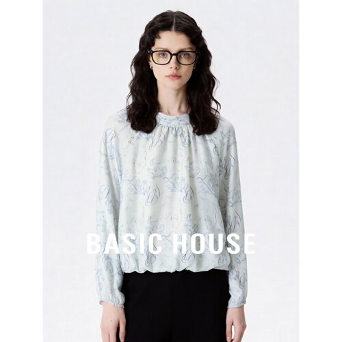 Basic House/百家好2026秋季浅蓝印花花苞领修身长袖泡泡袖衬衫