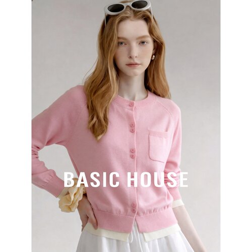 Basic House/百家好韩系圆领羊毛针织开衫色纽扣粉色休闲毛衣上衣