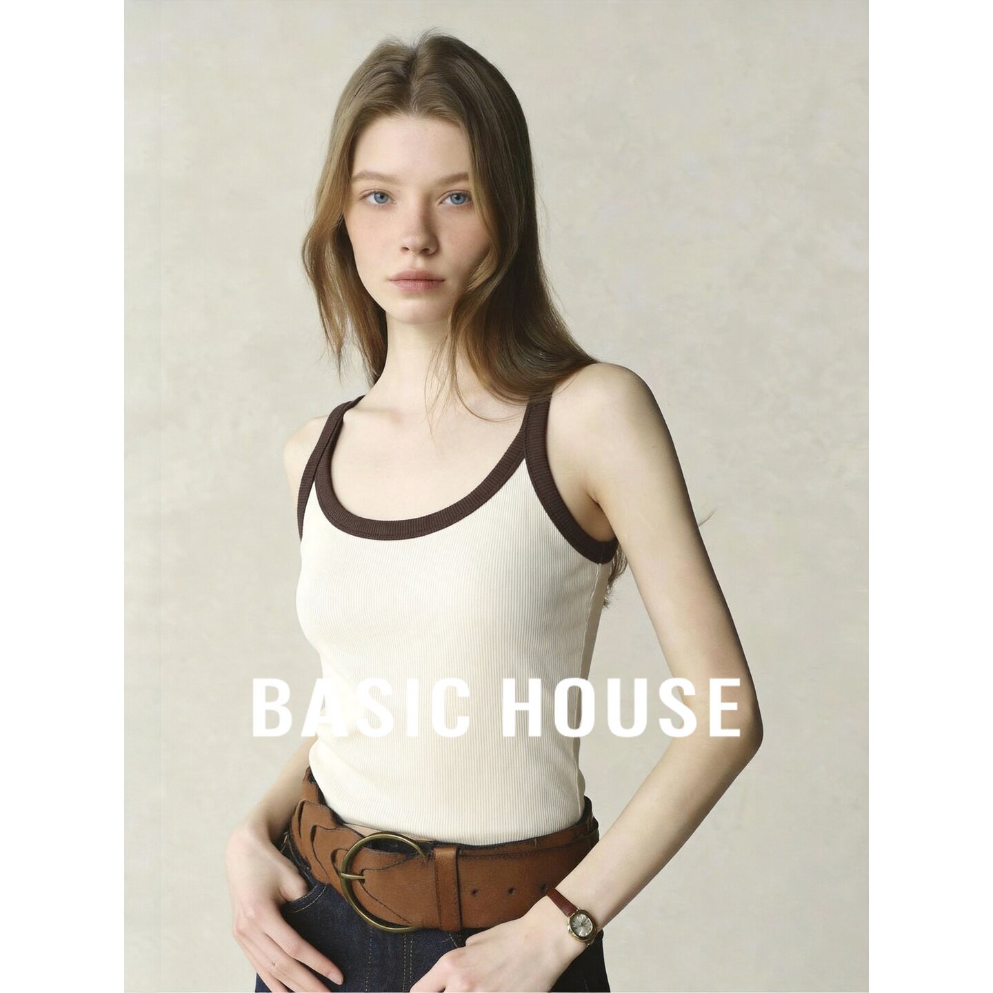 Basic House/百家好撞色边针织背心女显瘦修身吊带简约百搭米咖色