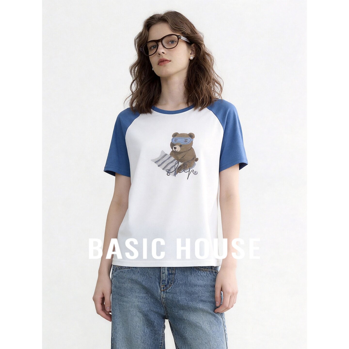 Basic House/百家好韩式可爱风卡通小熊短袖女夏宽松撞色休闲T恤