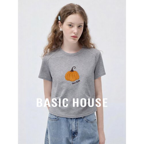 Basic House/百家好纯棉南瓜印花短袖T恤女夏季灰色上衣薄款百搭