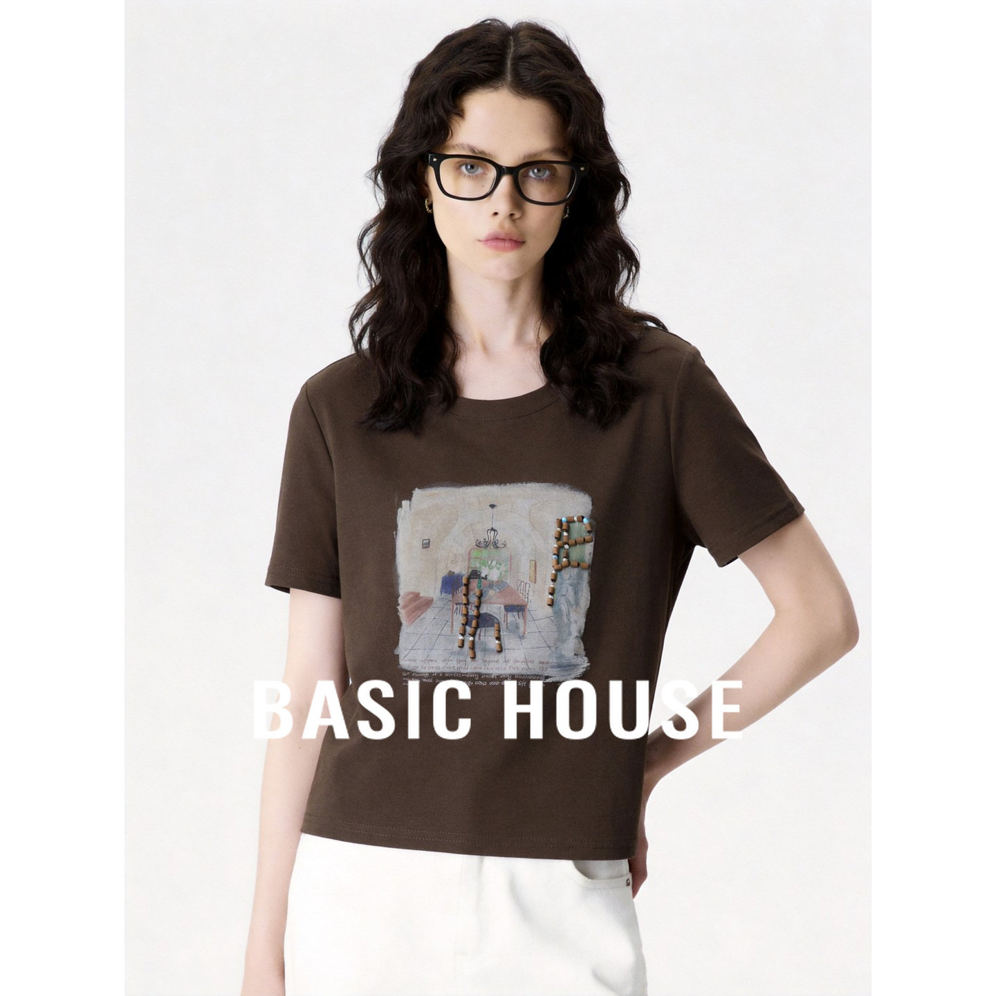 Basic House/百家好正肩圆领短袖T恤女2026夏季新款修身显瘦上衣