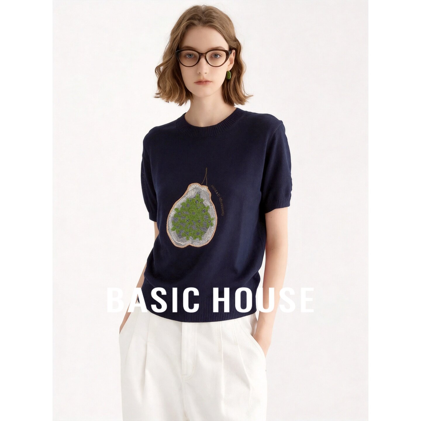 Basic House/百家好韩系简约圆领短袖针织衫女夏季牛油果刺绣上衣
