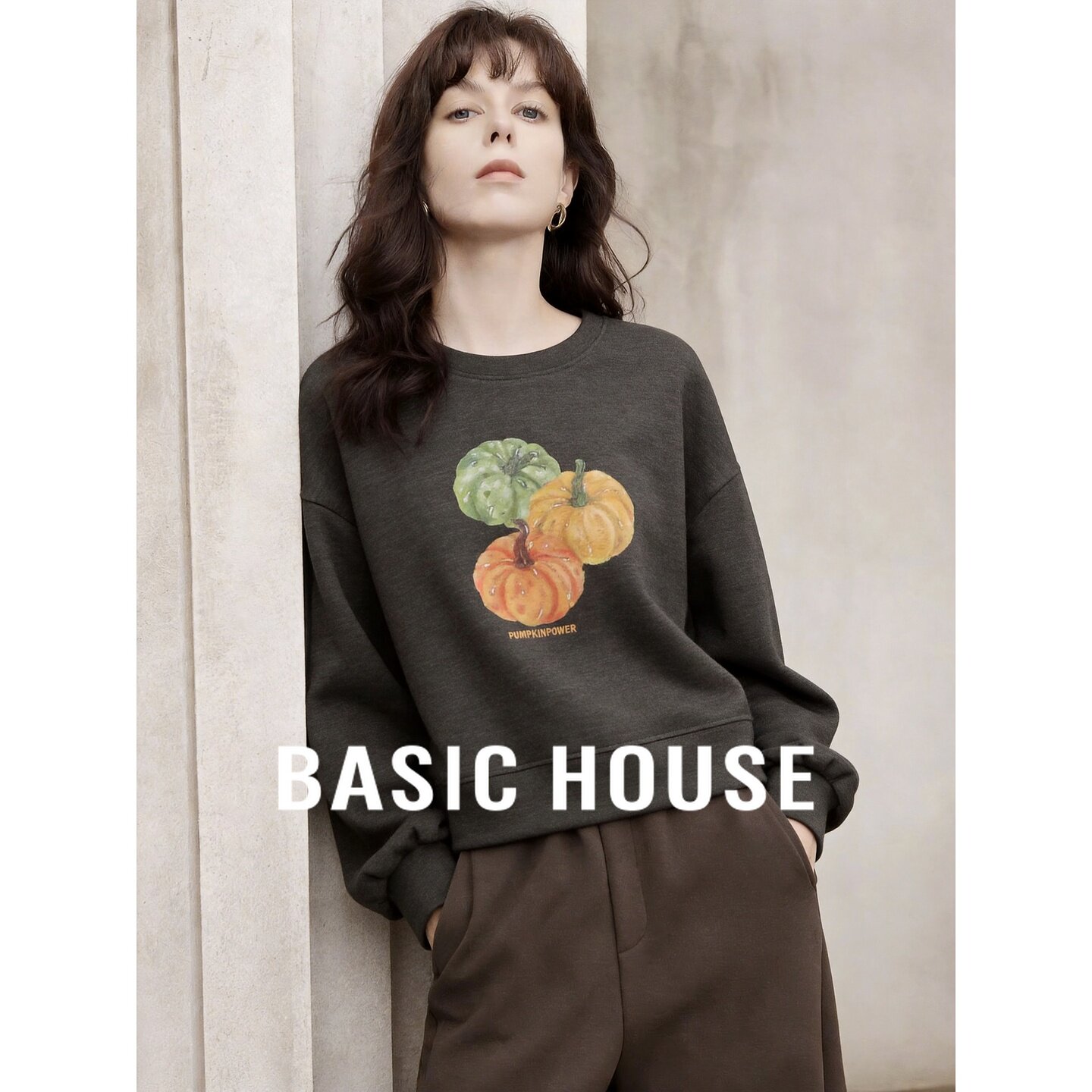 Basic House/百家好2026秋季圆领水果印花宽松灯笼袖休闲新款卫衣