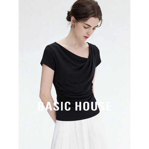 Basic House/百家好高级感气质黑色短袖T恤女夏斜肩设计百搭上衣