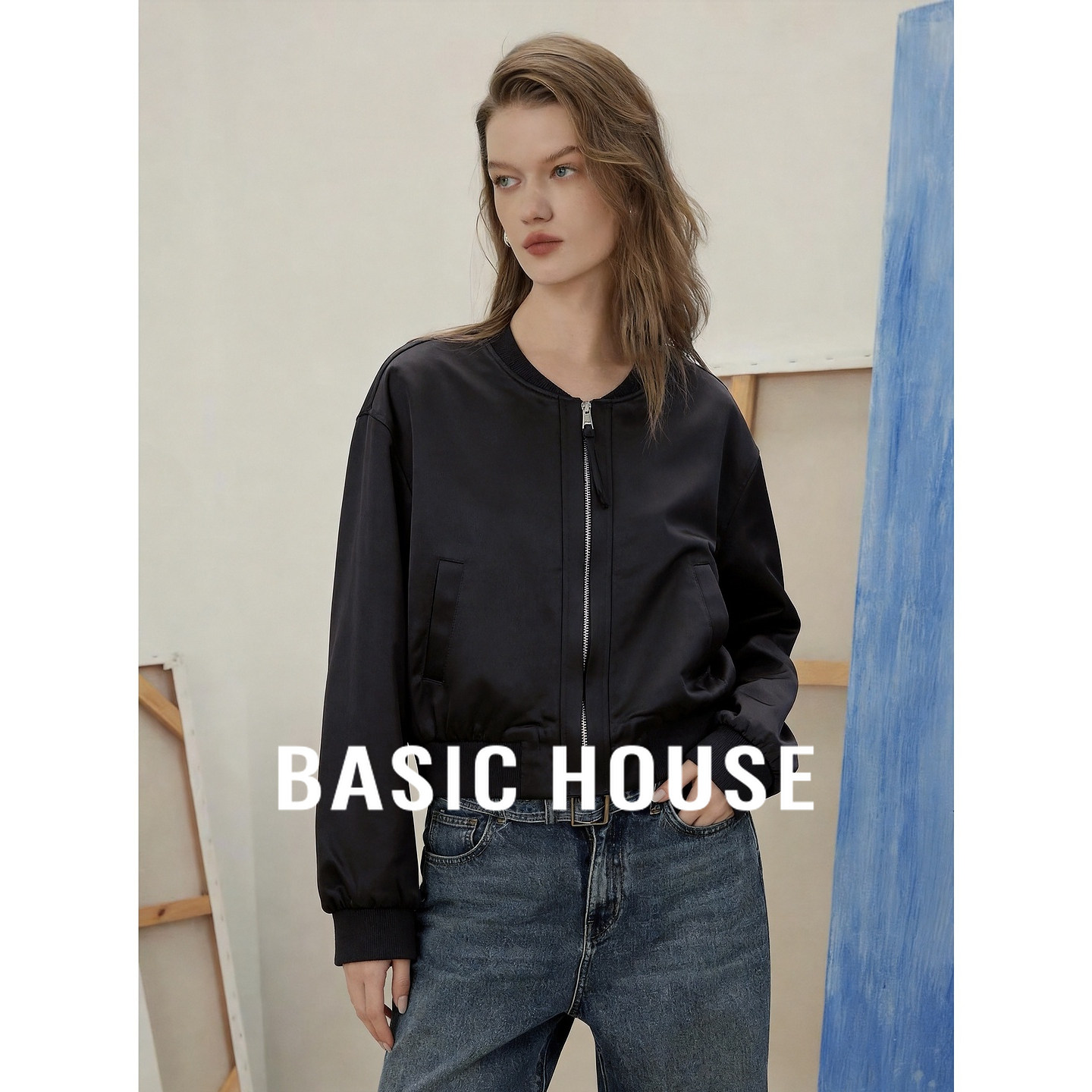 Basic House/百家好2026秋季黑色圆领口袋宽松极简休闲百搭短外套