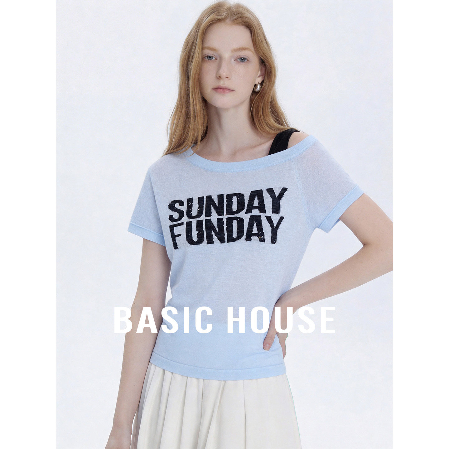 Basic House/百家好美式复古字母提花露肩针织衫新款轻薄短袖上衣