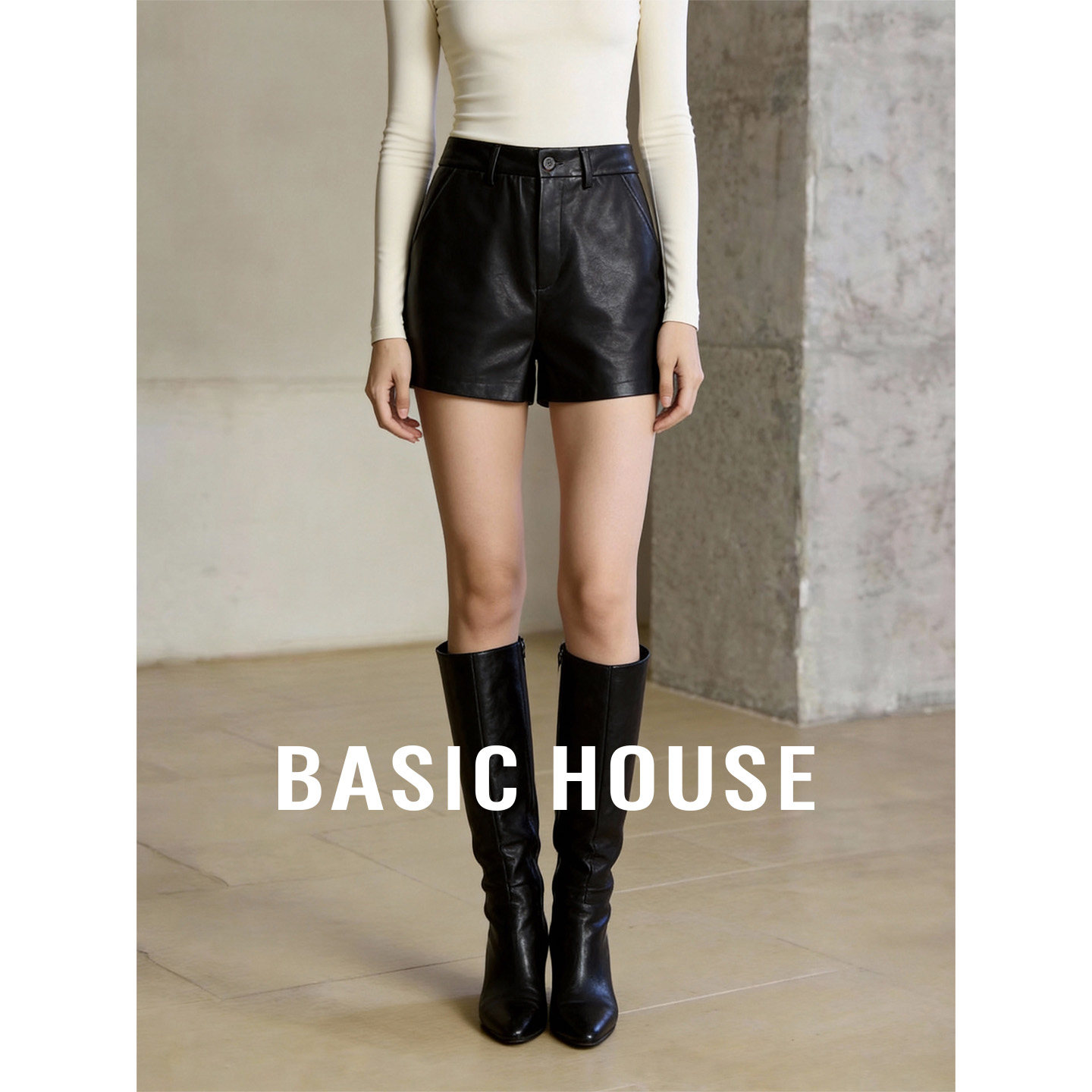 Basic House/百家好黑色PU皮短裤女春季高级巨好看百搭休闲直筒裤