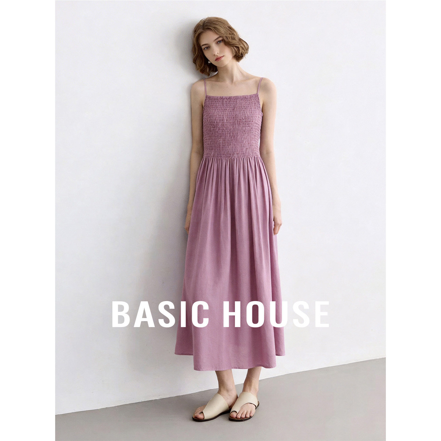 Basic House/百家好紫色细肩带修身显瘦连衣裙女夏纯色宽松中长裙