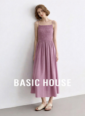 Basic House/百家好紫色细肩带修身显瘦连衣裙女夏纯色宽松中长裙