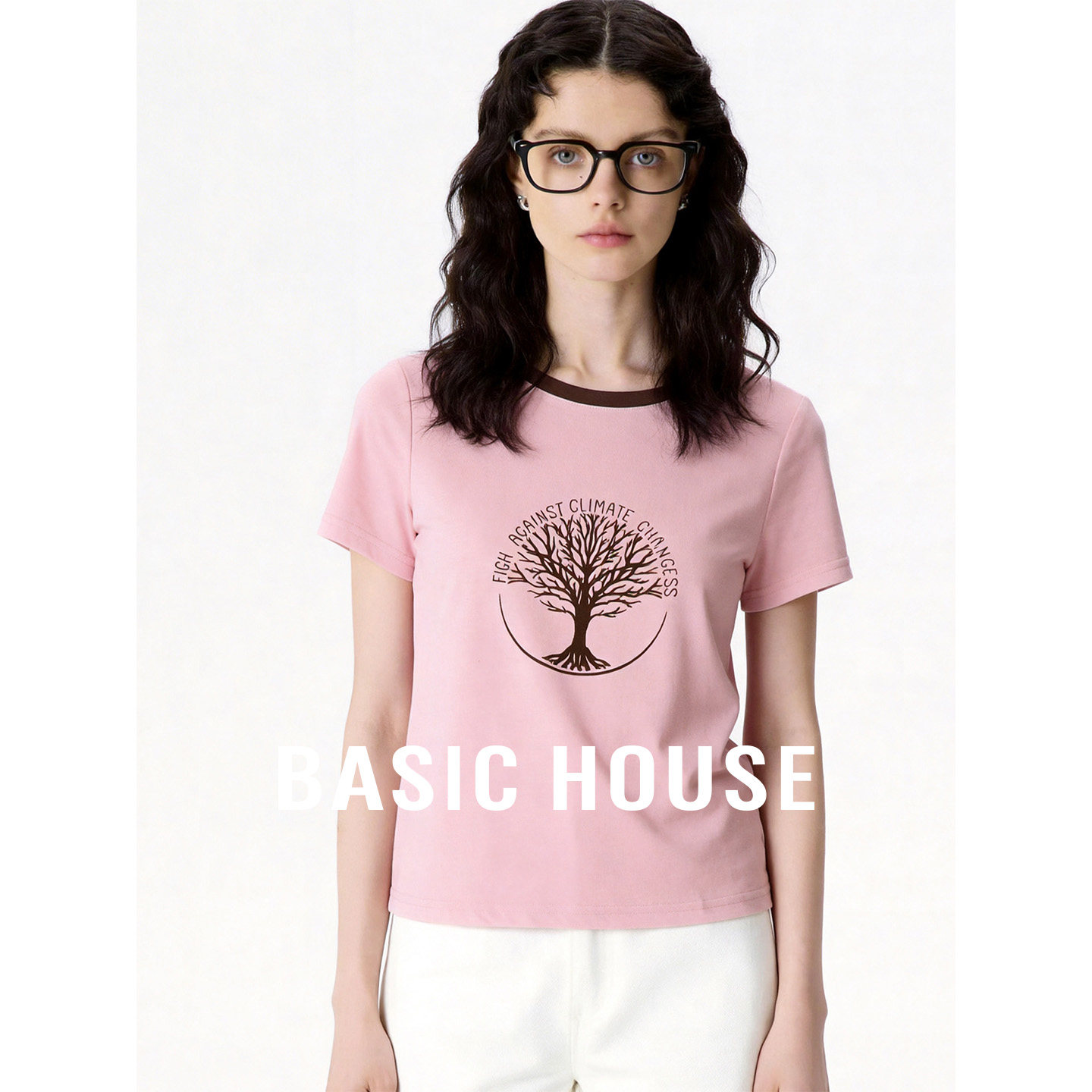 Basic House/百家好2026夏季粉色印花设计短袖T恤女舒适套头上衣