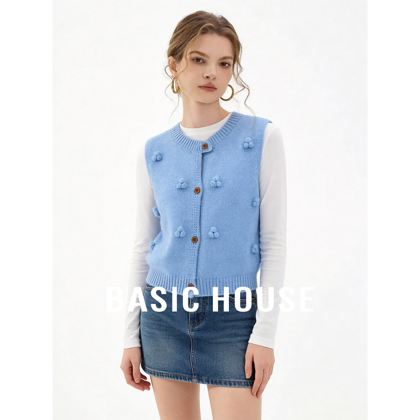 Basic House/百家好蓝色针织马甲女春季新款叠穿立体钩花无袖背心