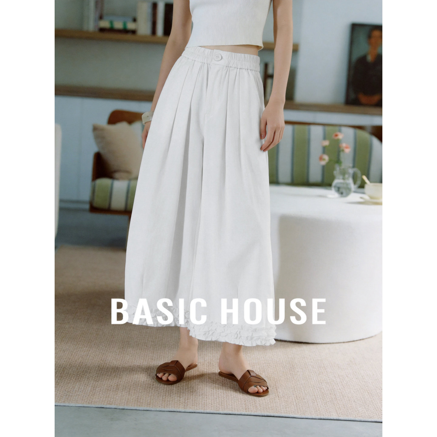 Basic House/百家好白色简约阔腿裤女2026夏季纯棉宽松显瘦休闲裤