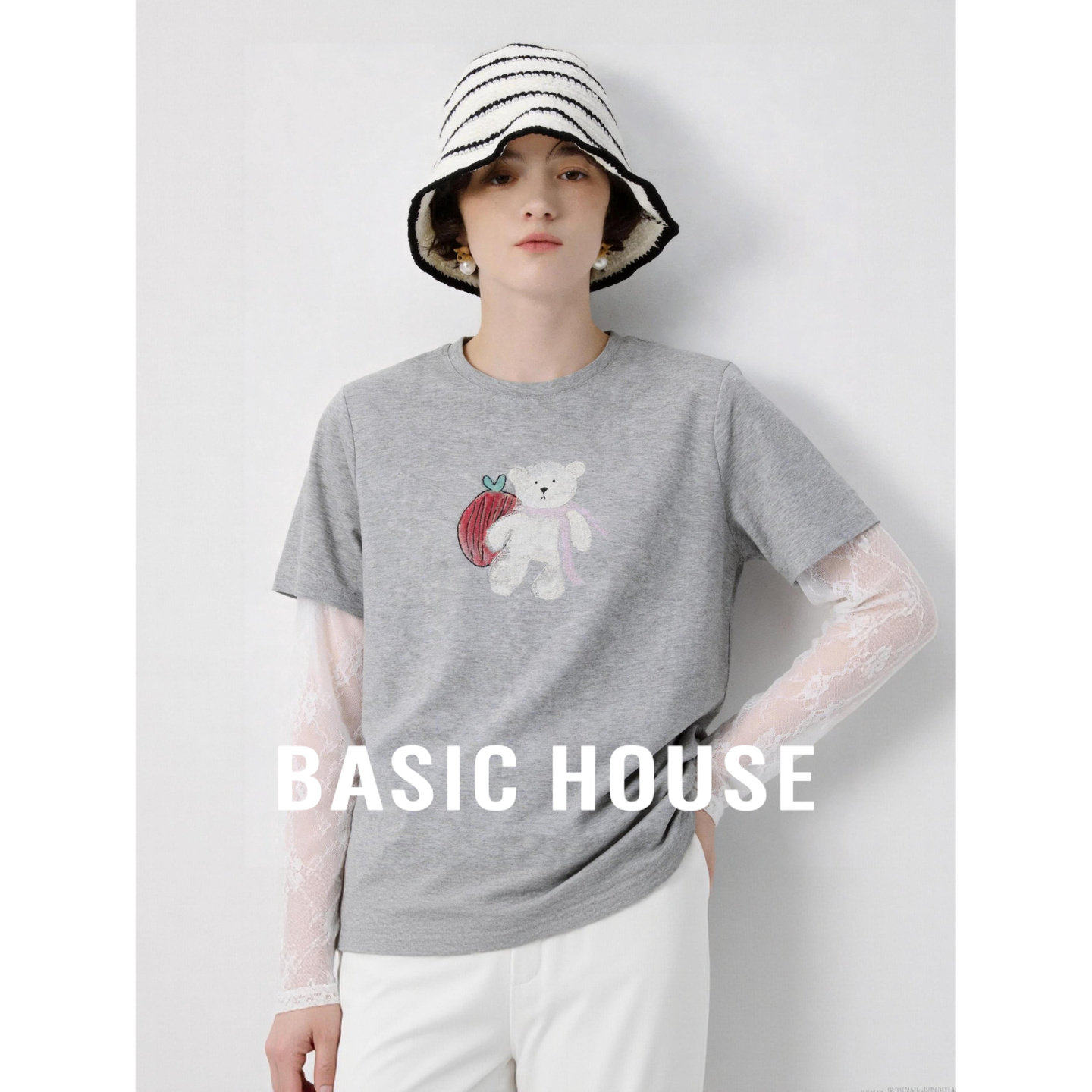 Basic House/百家好韩式可爱小熊印花短袖T恤女夏季灰色宽松上衣