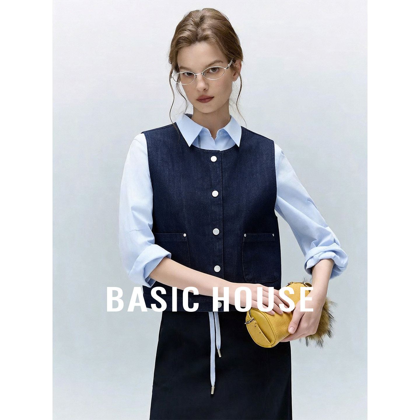 Basic House/百家好蓝色圆领牛仔马甲女夏季叠穿百搭棉舒适坎肩