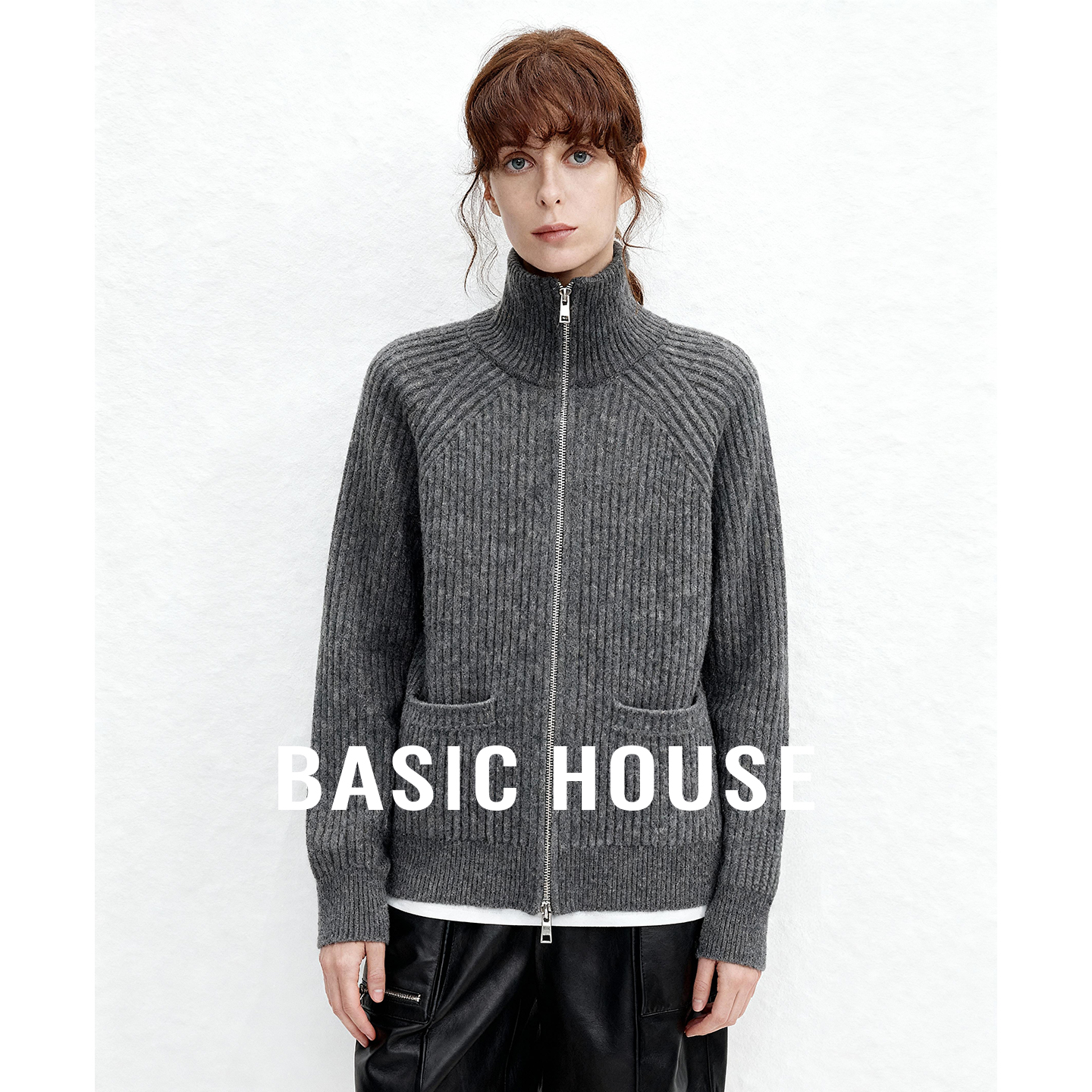 Basic House/百家好25秋冬拉链针织开衫女竖条纹显瘦通勤百搭毛衣