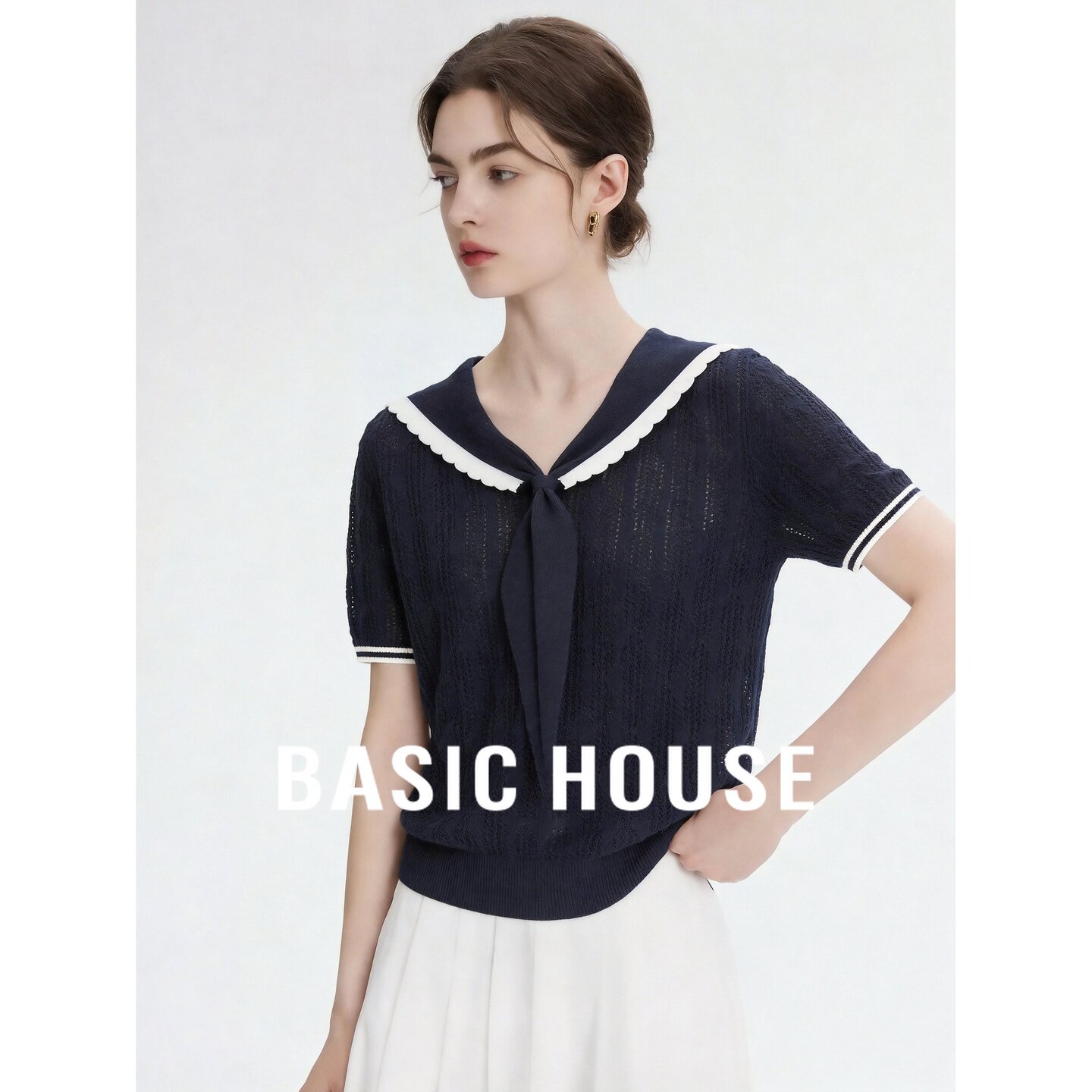 Basic House/百家好莱赛尔学院风短袖针织衫女26夏季亚麻舒适上衣