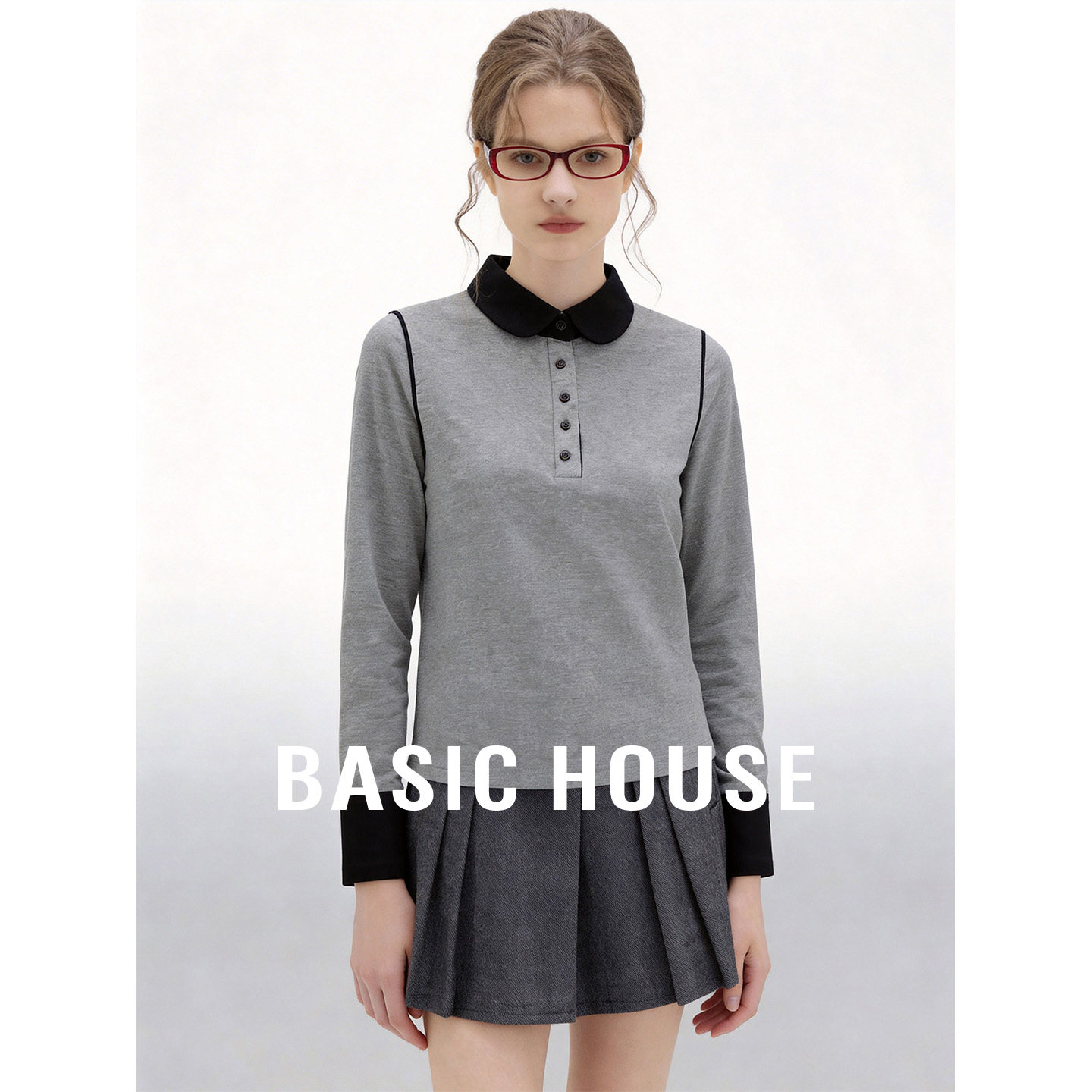 Basic House/百家好撞色拼接翻领T恤新款百搭宽松显瘦长袖上衣女