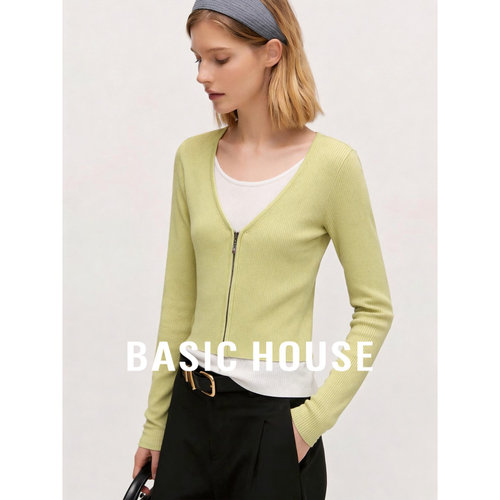 Basic House/百家好假两件撞色拉链针织开衫女秋季短款百搭上衣