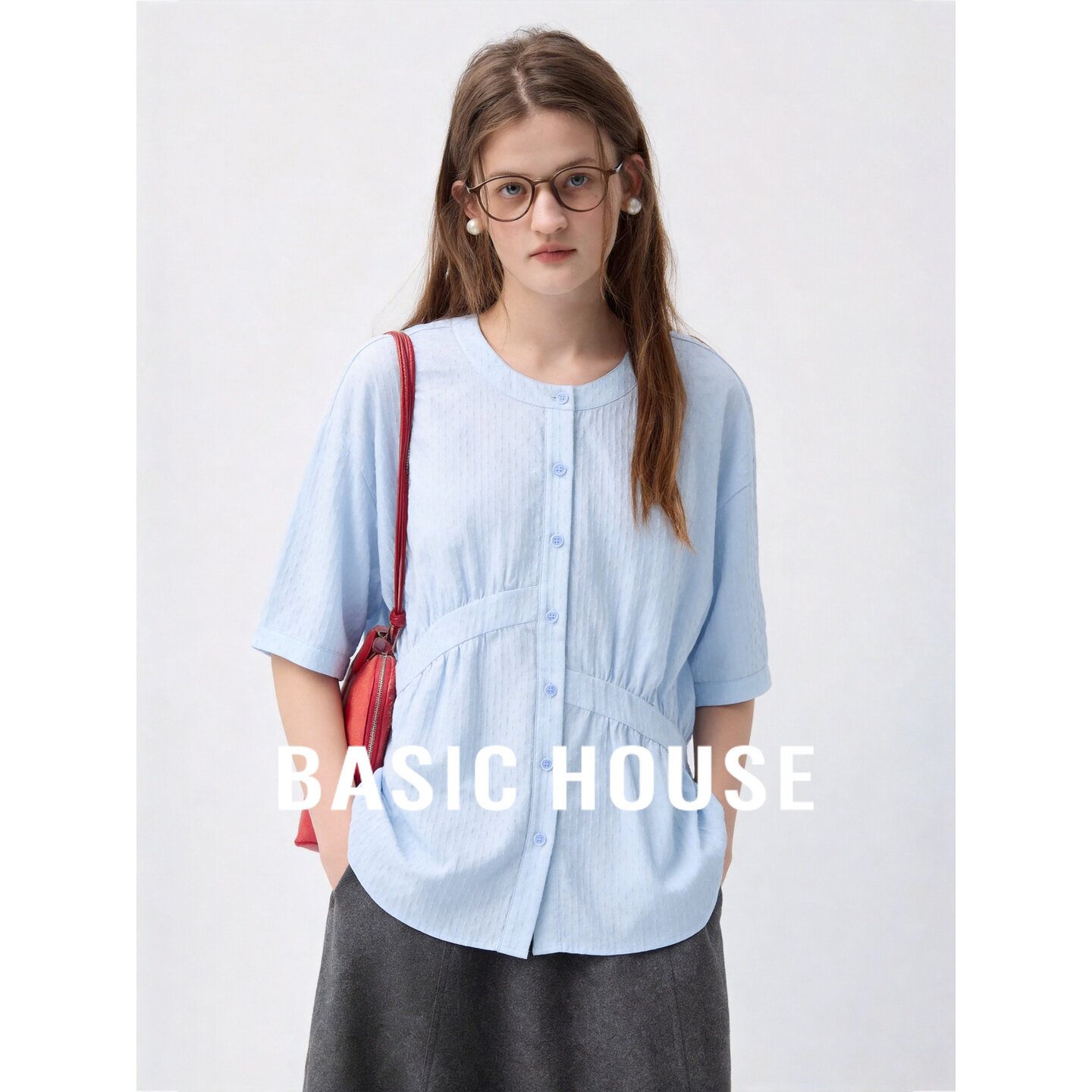 Basic House/百家好蓝色收腰衬衫女夏棉质百搭小众设计感休闲上衣