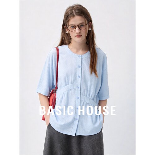 Basic House/百家好蓝色收腰衬衫女夏棉质百搭小众设计感休闲上衣