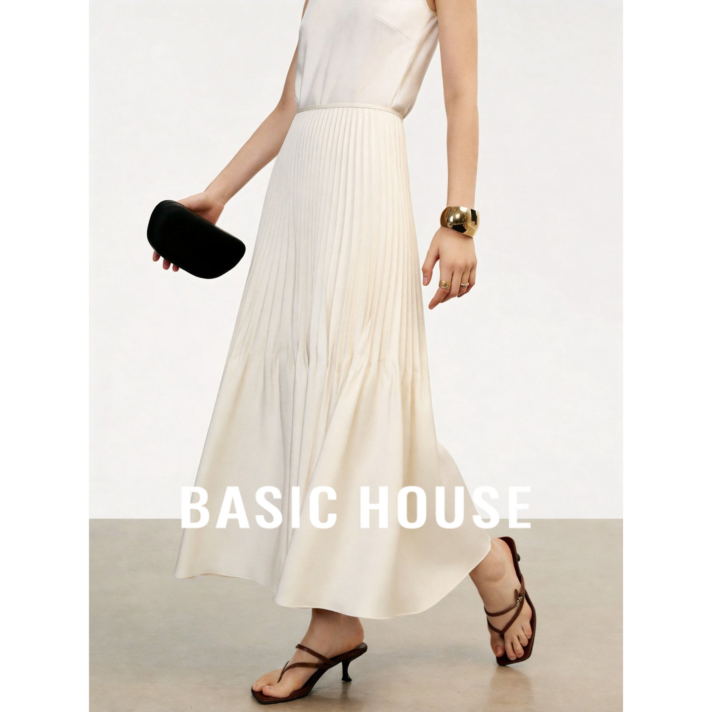 Basic House/百家好法式温柔风百褶半身裙女夏季米色优雅气质长裙