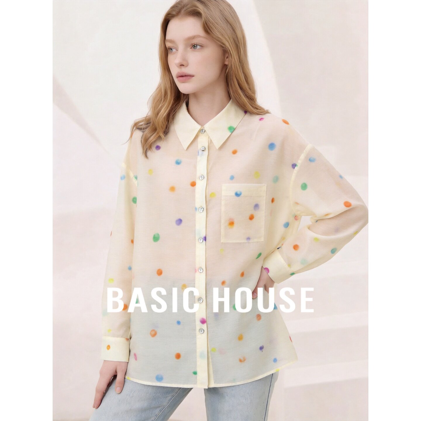 Basic House/百家好法式彩色波点衬衫女长袖防晒通勤翻领衬衣上衣