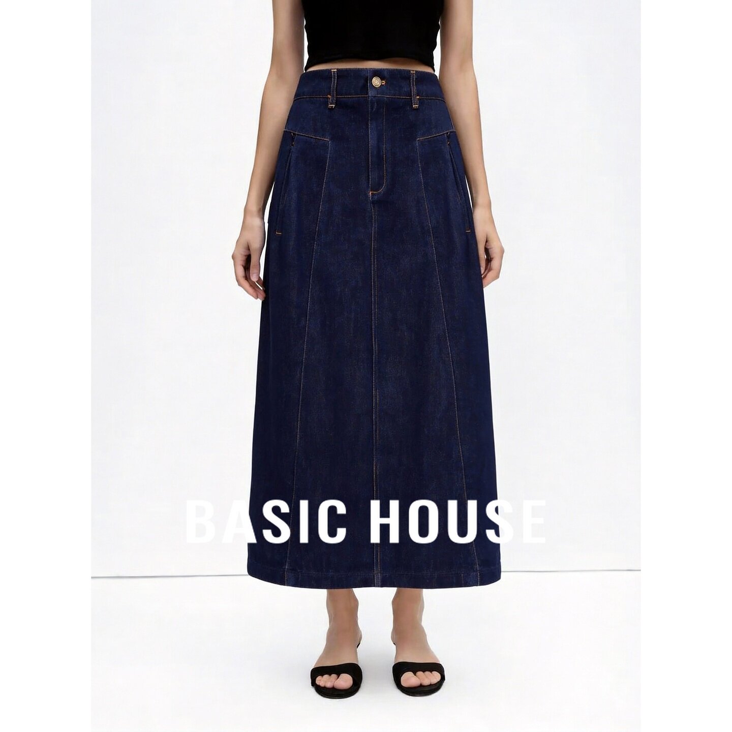Basic House/百家好高腰牛仔半身裙女深蓝色A字长裙修身显瘦百搭