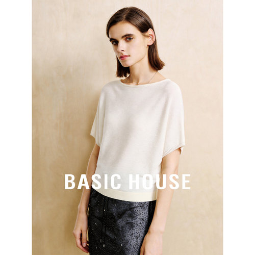 Basic House/百家好白色简约宽松遮肉针织衫女夏季莫代尔舒适上衣