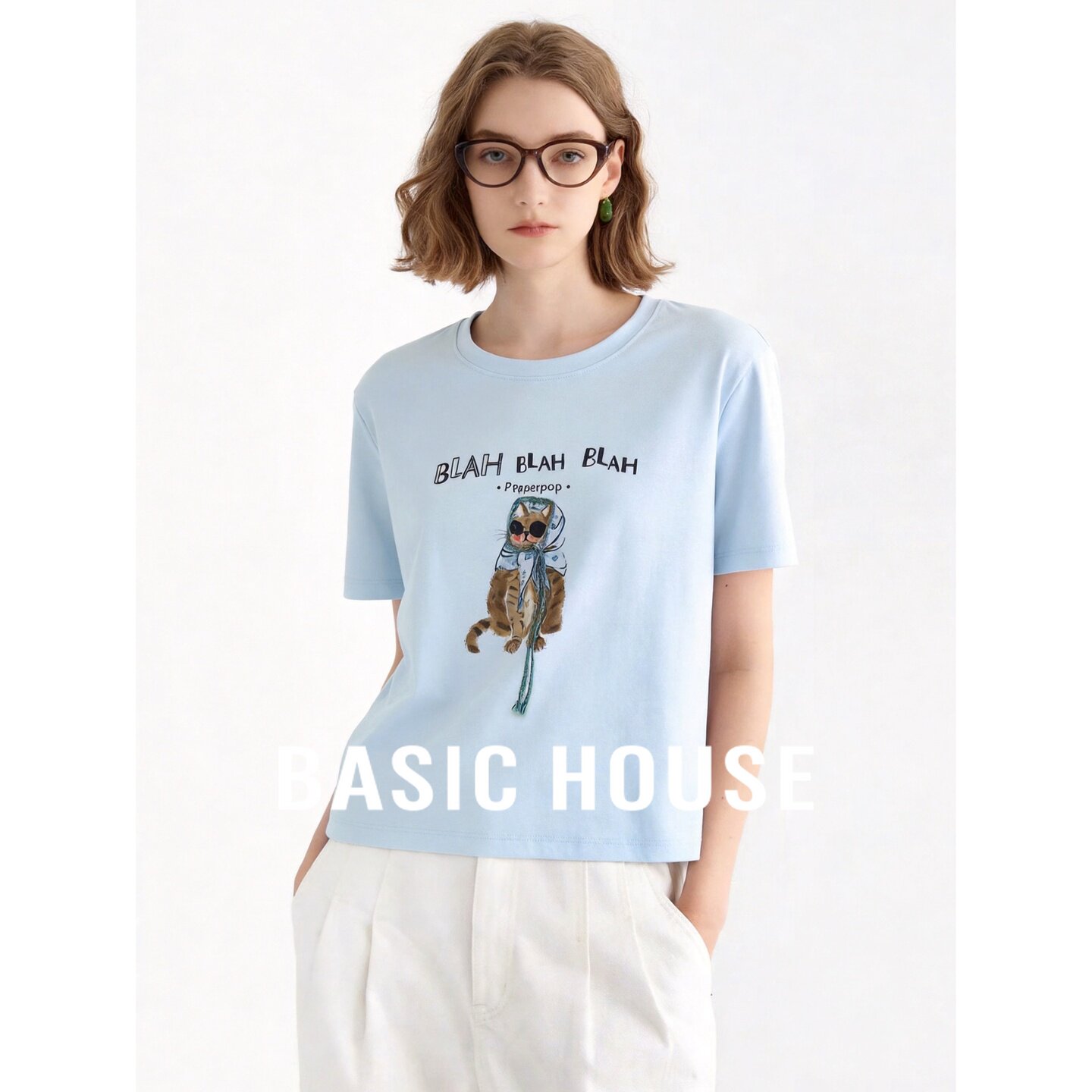 Basic House/百家好韩版卡通印花短袖T恤女夏季蓝色宽松棉质上衣