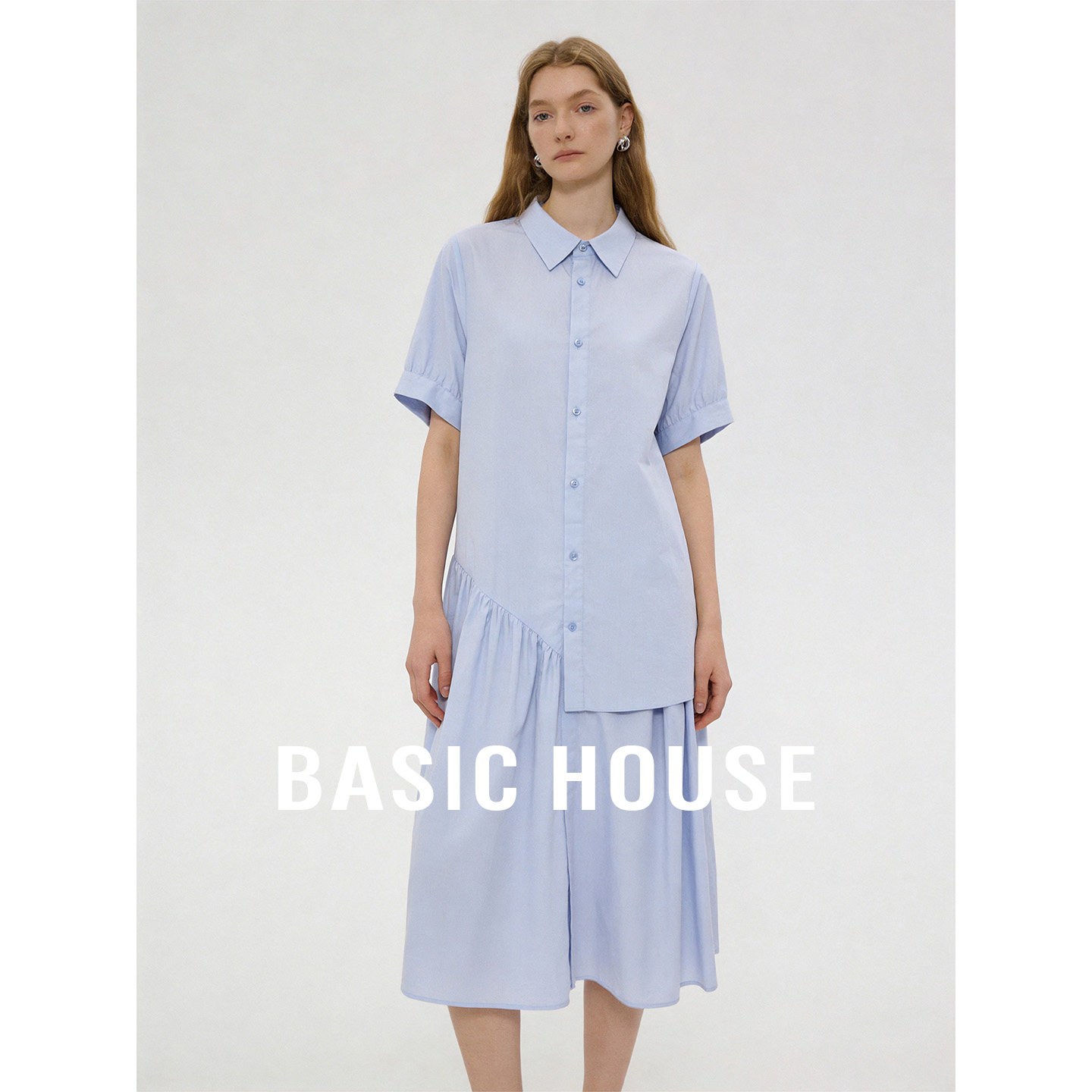 Basic House/百家好蓝色翻领连衣裙女士2026夏季设计感中长款裙子