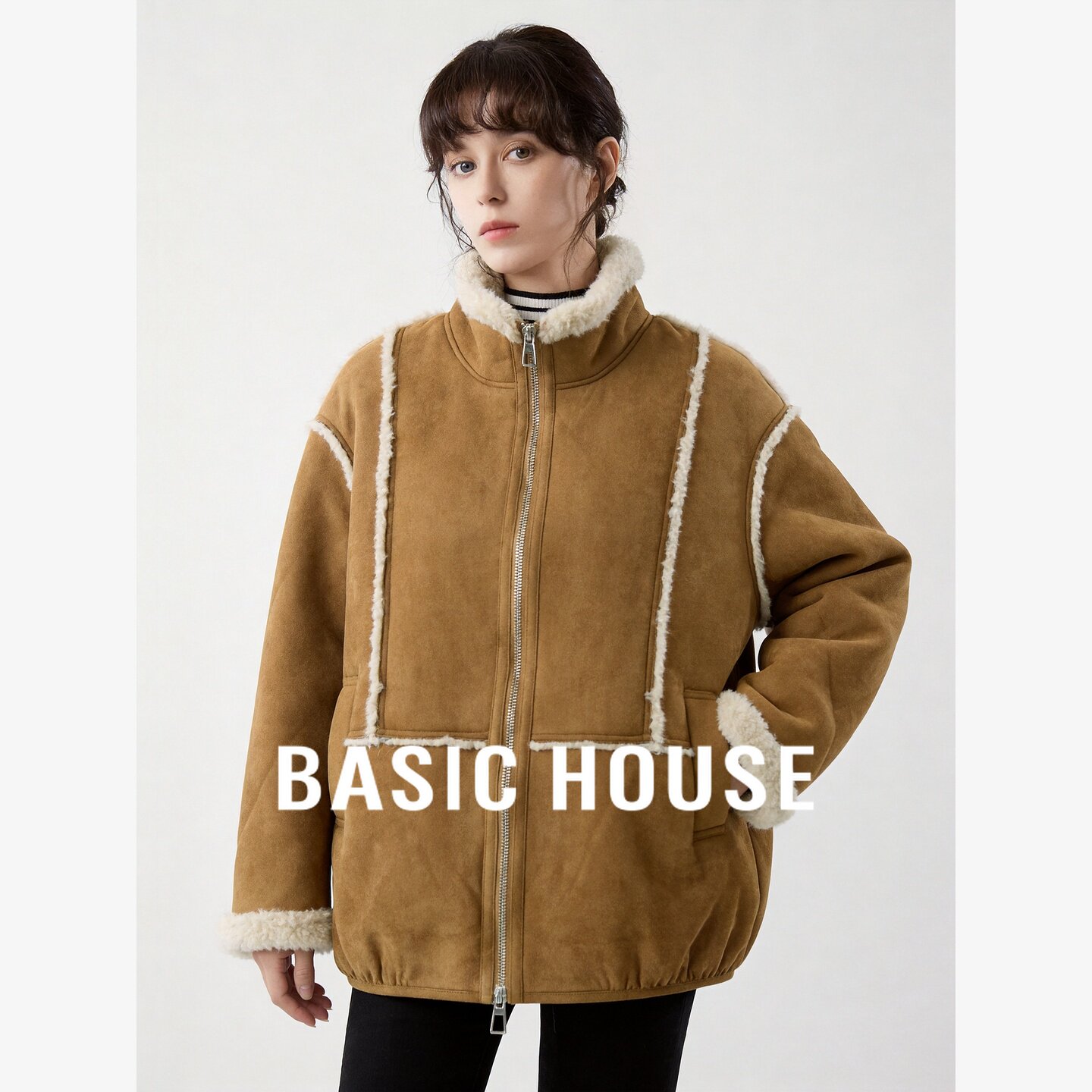 Basic House/百家好皮毛一体外套宽松保暖仿麂皮绒毛领拉链短外套