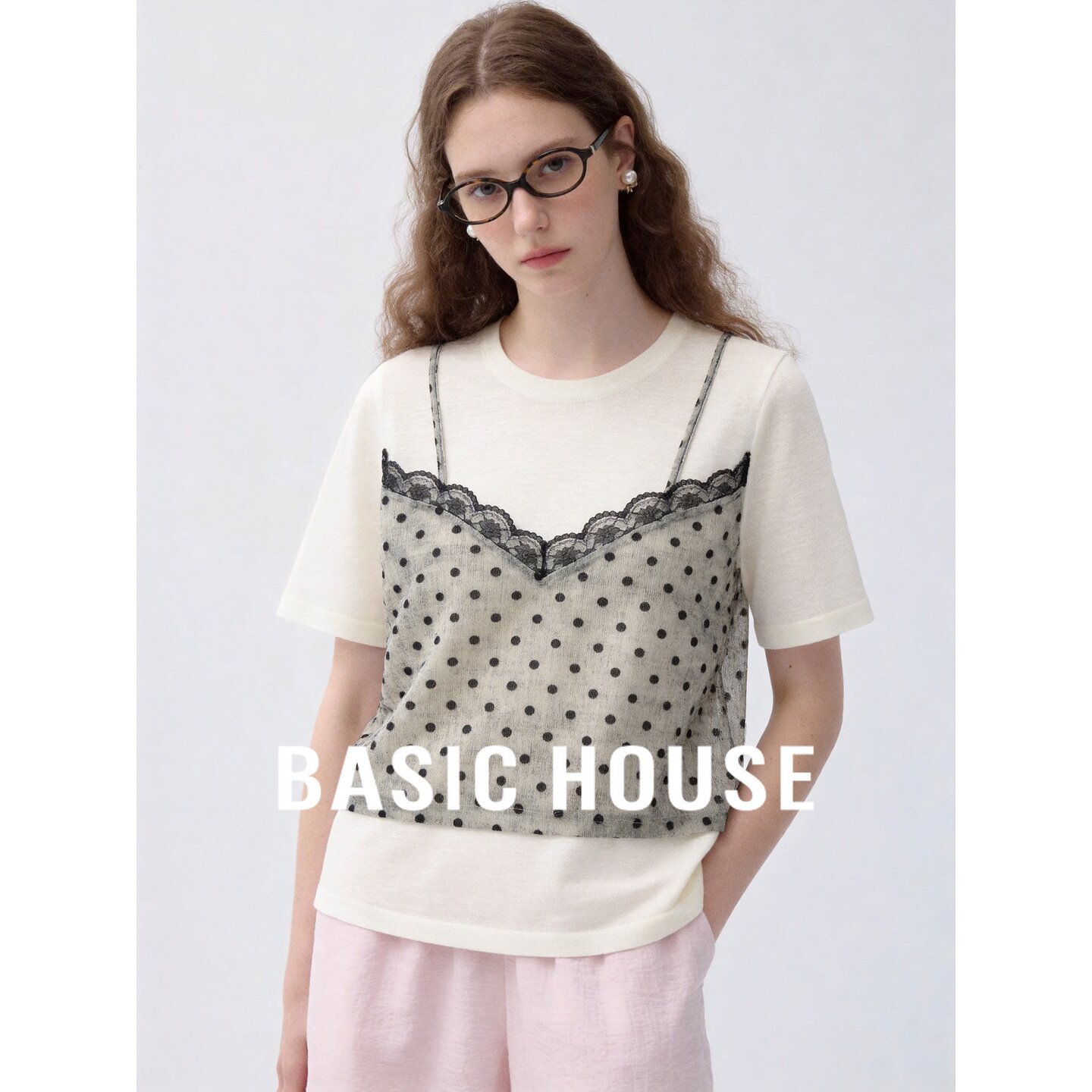 Basic House/百家好蕾丝拼接波点针织衫女短袖圆领假两件上衣夏