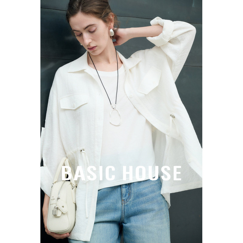 Basic House/百家好轻薄干爽翻领抽绳收腰衬衫中长款宽松廓形衬衣