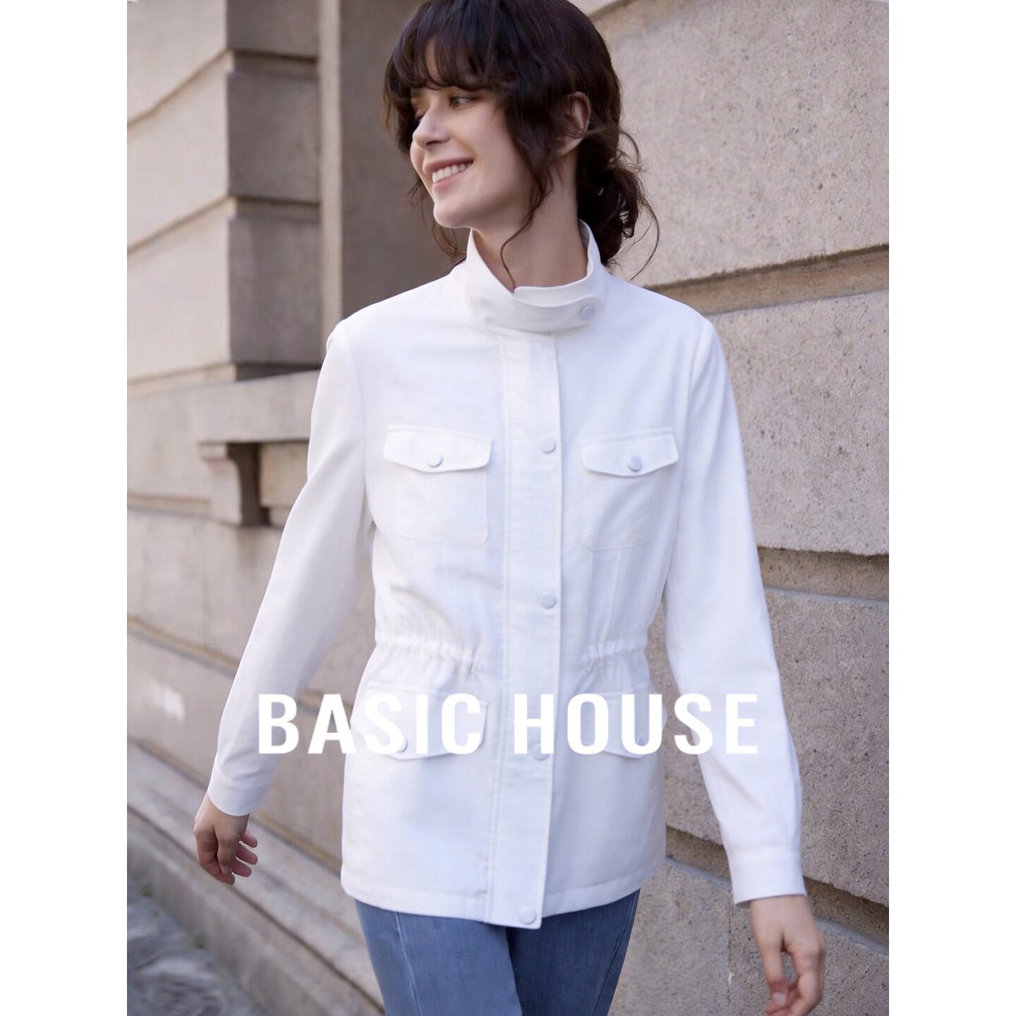 Basic House/百家好莱赛尔立领工装外套女白色收腰夹克百搭短外套