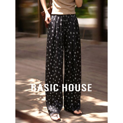 Basic House/百家好黑色印花阔腿裤女夏薄款慵懒松弛褶皱休闲长裤