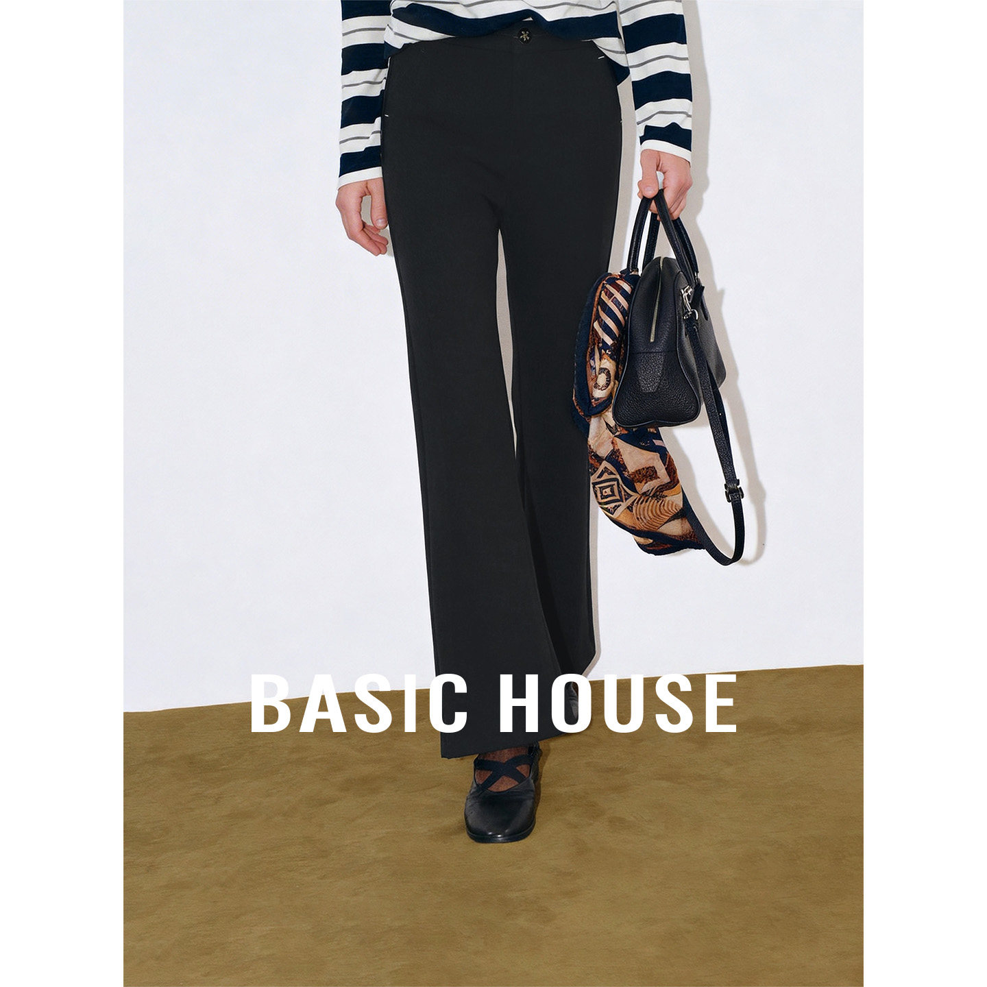 Basic House/百家好黑色高腰垂坠感微喇裤女26秋季百搭九分休闲裤