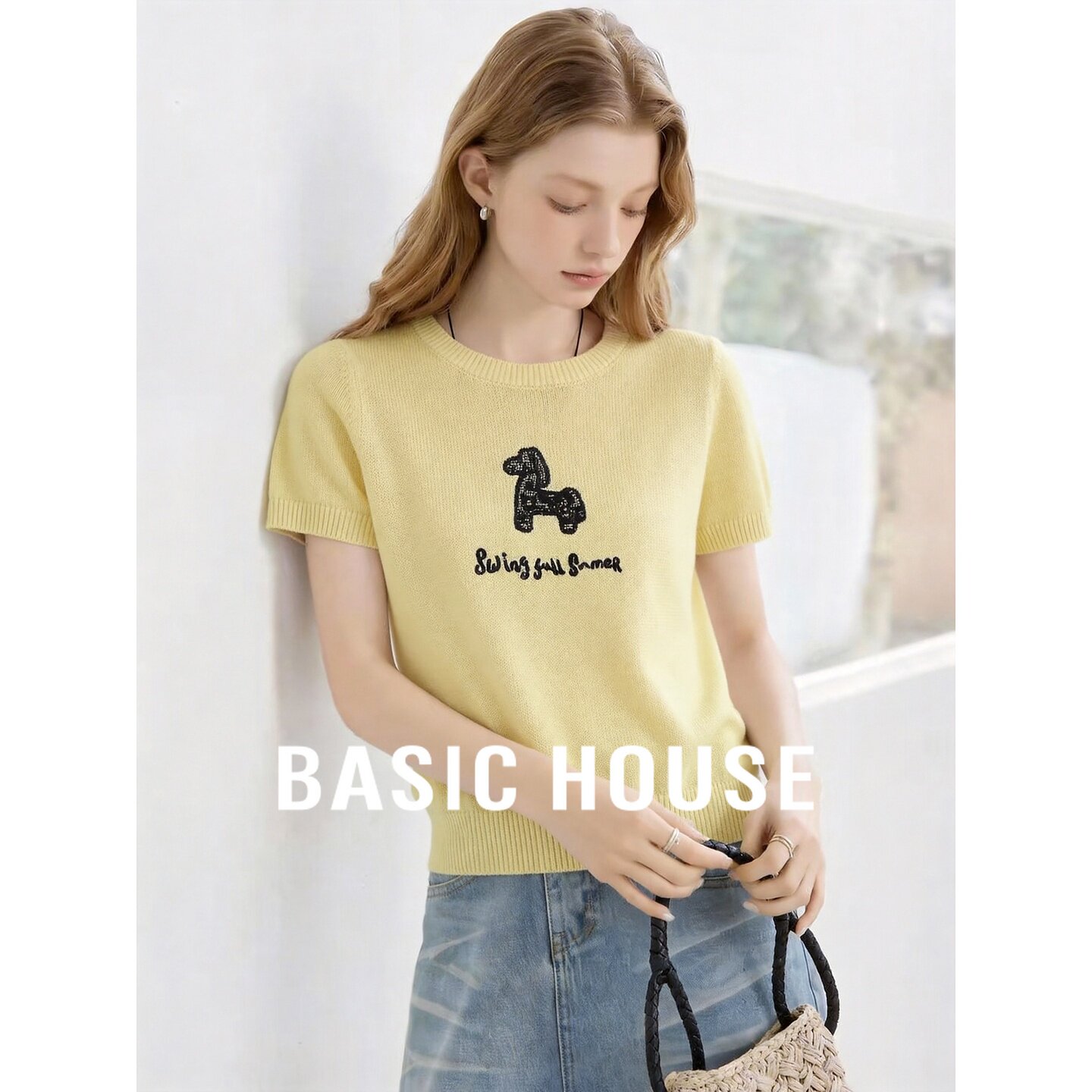 Basic House/百家好黄色短袖针织衫女夏季莱赛尔小狗刺绣宽松上衣