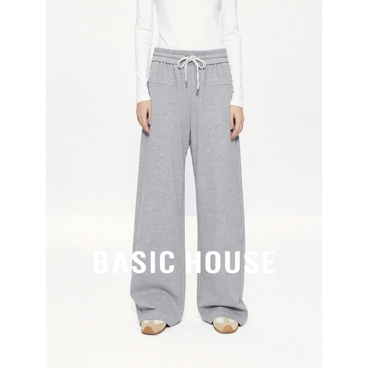 Basic House/百家好灰色抽绳休闲裤女秋季口袋松紧腰宽松运动卫裤